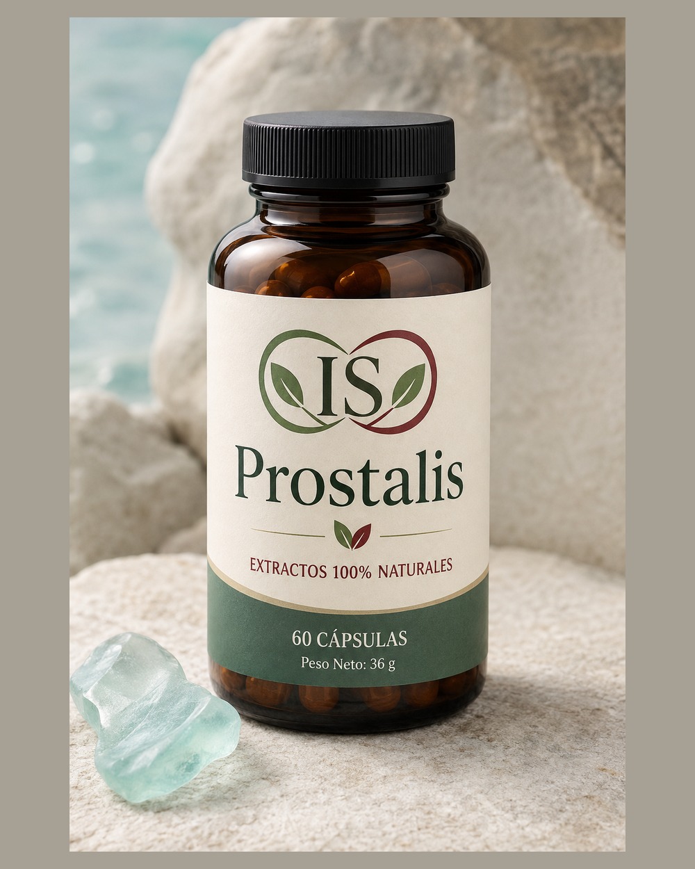 Prostalis en una composición de estudio con tonos crema y verdes